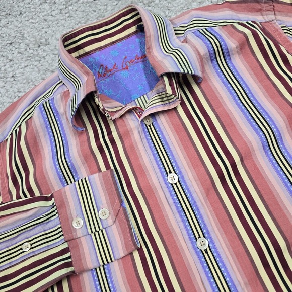 Robert Graham Shirt Mens Medium Striped Button Up Long Sleeve Flip Cuffs Office‎ - Picture 1 of 11